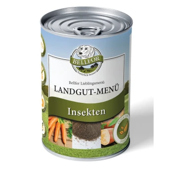 Dosenfutter für Haustiere mit dem Etikett "Bellfor Landgut-Menü Insekten," mit Bildern von Karotten und anderen Zutaten auf dem Etikett.
