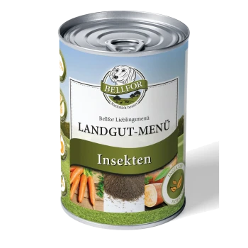 Dosenfutter für Haustiere mit dem Etikett "Bellfor Landgut-Menü Insekten," mit Bildern von Karotten und anderen Zutaten auf dem Etikett.