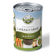 Dosenfutter für Haustiere mit dem Etikett "Bellfor Landgut-Menü Insekten," mit Bildern von Karotten und anderen Zutaten auf dem Etikett.
