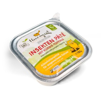 Insektenpâté für Katzen mit Kürbistopping in einem 150 g silbernen Behälter, beschriftet mit 'Ich liebe meine Katze' und 'Alleinfuttermittel für ausgewachsene Katzen.'
