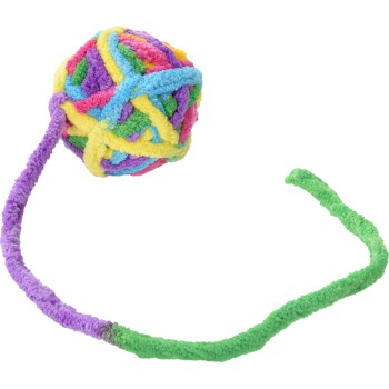 Colorful fuzzy ball toy with long tail, made of intertwined soft fabric strips, for pets.