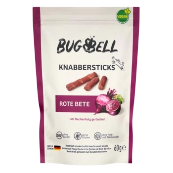 Wegańskie przekąski z buraków w opakowaniu 60g, oznaczone "BUG&BELL KNABBERSTICKS ROTE BETE", z wzorem w stylu drewna wędzonego.