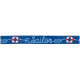 Blaues Haustierhalsband mit weißem Seilmuster, rot-weißen Rettungsringen und dem aufgestickten Wort "Sailor".