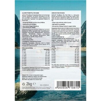Hundefutterverpackung für "Aniforte PureNature Ente", die Zutaten zeigt: Ente, Hirse, Karotten sowie Fütterungshinweise und Nährwertinformationen.