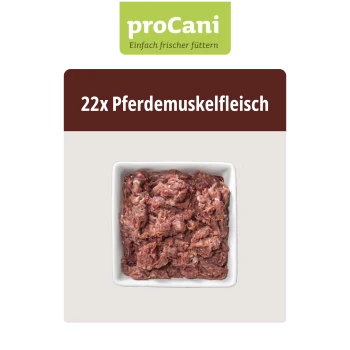 Packung proCani Horse Muscle Meat rohes Haustierfutter mit Etikett und 22-fachem Mengenmarker.