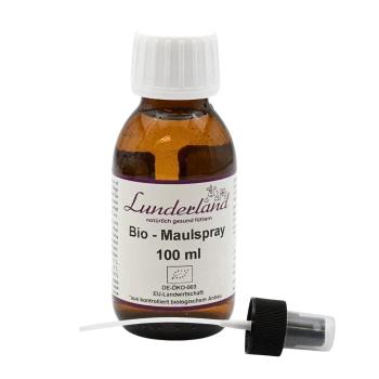 Lunderland Bio-Mauispray 100 ml in bernsteinfarbener Flasche mit weißer Kappe und abgesetzter schwarzer Sprühdüse samt Röhrchen.