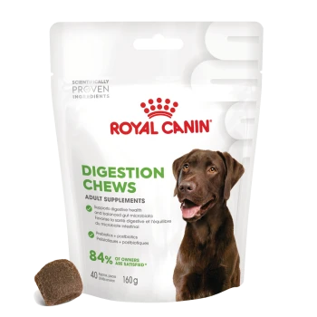 Friandises Royal Canin Digestion pour chiens adultes, présentant un chien marron sur l'emballage, affirmant soutenir la santé digestive.