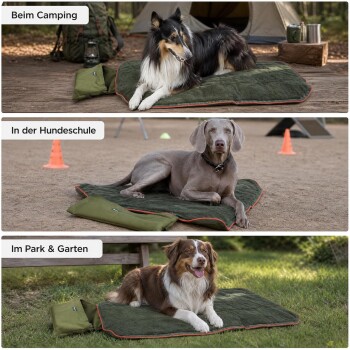 Drei Hunde auf olivgrüner Reisematte mit Tasche; sichtbare Beschriftungen: Beim Camping, In der Hundeschule, Im Park & Garten.
