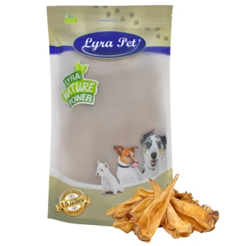 Lyra Pet Hundeleckerlipackung mit einer Vielzahl von Hunden auf der Vorderseite, mit dem Etikett "Lyra Nature Power" und einem Haufen Leckerlis davor.