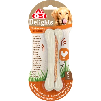 Os en poulet 8in1 Delights Strong, présentant un os à mâcher avec du poulet à l'intérieur, adapté aux chiens pesant entre 5 et 10 kg.