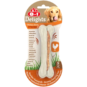 8in1 Delights Chicken Bone Strong, met een kauwbare bot met kipfilet erin, geschikt voor honden van 5-10 kg.