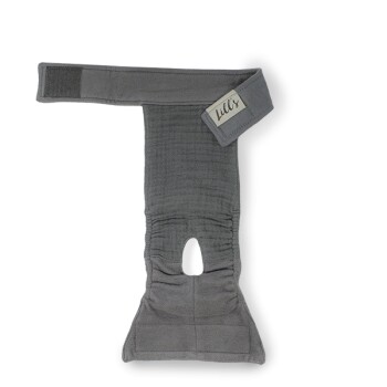 Graues Haustiergeschirr mit einem Klettverschluss und einer runden Öffnung für den Kopf des Haustiers, beschriftet mit 'Lilly's.'