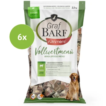 Graf BARF Lamm Vollwertmenü 2,5 kg Hundefutter mit Lammknochen, Premiumqualität, 6x Würfel auf weißer Verpackung gezeigt.