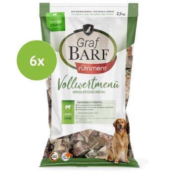Graf BARF Lamm Vollwertmenü 2,5 kg Hundefutter mit Lammknochen, Premiumqualität, 6x Würfel auf weißer Verpackung gezeigt.
