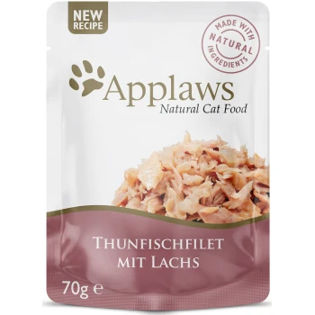 Applaws Naturkatzenfutterbeutel mit Thunfischfilet und Lachs, beschriftet mit 'NEUES REZEPT' und 'MIT NATÜRLICHEN ZUTATEN HERGESTELLT', 70g.