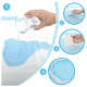 Eine Hand, die Wasser aus einem Glas auf ein blaues, saugfähiges Haustierpad gießt, mit vier illustrierten Schritten in Kreisen, die den Absorptionsprozess zeigen.
