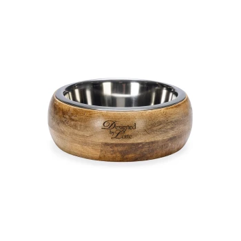 Bol pour animaux en bois avec un intérieur en acier inoxydable, gravé avec 'Conçu par Lotte.'