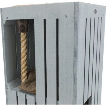 Grauer Katzenbaum aus Holz mit einem plüschigen Ruhebereich und einem Sisal-Seil zum Kratzen.