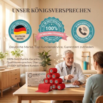 Eine Frau in einem weißen Shirt und schwarzen Leggings wickelt rote Bandagen um die Beine eines braunen Pferdes in einem Stall. Text oben sagt "EINFACHES ABROLLEN & WICKELN."