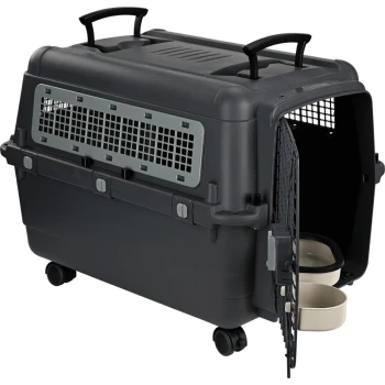 Graue Tragetasche für Haustiere mit Rädern, einer Netz-Tür und zwei abnehmbaren Futter-/Wassernäpfen, die an der Seite befestigt sind.