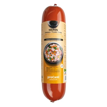 selection Kochwurst Napffertig Huhn 800 g Hundefutterrolle mit der Aufschrift 'Huhn' (chicken) mit natürlichen Zutaten, die eine Schüssel mit gemischtem Fleisch und Gemüse sowie das Branding 'proCani selection' zeigt.
