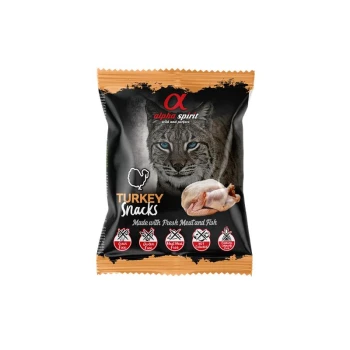 Alpha Spirit 'Turkey Snacks' Leckerli-Tüte mit Luchs-Gesicht, Foto von roher Pute und Text 'Hergestellt mit frischem Fleisch und Fisch'