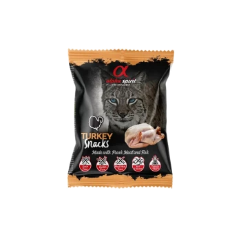 Alpha Spirit 'Turkey Snacks' Leckerli-Tüte mit Luchs-Gesicht, Foto von roher Pute und Text 'Hergestellt mit frischem Fleisch und Fisch'