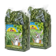 Zwei Tüten JR FARM Grüner Hafer, gefüllt mit frischem grünem Hafer, mit einem lächelnden Cartoonkaninchen auf dem Etikett, das Hafer hält.
