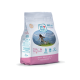 Swiss Natural Adult Mini Hundefutter 1 kg, 72% Lamm, weiß/rosa Tüte mit Bergfoto und Text 'Smell it. Taste it. Love it.'.