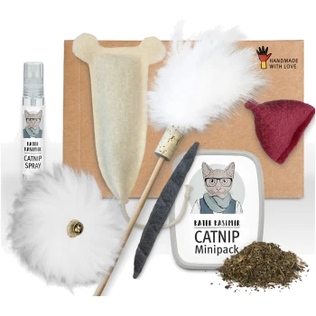 Eine Sammlung von Katzenspielzeugen und Katzenminze-Produkten, einschließlich eines Katzenminzsprays, eines Filzspielzeugs, eines Federstocks und einer Dose Katzenminze, alle mit dem Etikett "Kater Kasimir".