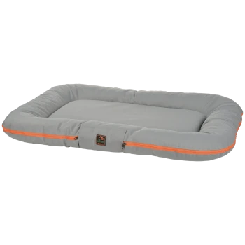 Gray rectangular dog bed with raised bolsters, orange zipper trim and front label reading "Dogs Creek".