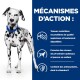Un Dalmatien avec un collier bleu se tient devant un fond bleu avec du texte sur les avantages de la nourriture pour animaux, comme la qualité des protéines et les antioxydants.
