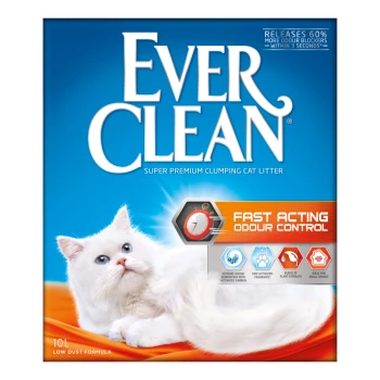 Fast Acting Odour Control Klumpstreu 10 l Ever Clean Super Premium Katzenstreu-Packung mit einer weißen Katze, die "Schnelle Geruchskontrolle" und "10L Niedrigstaub-Formel" zeigt.