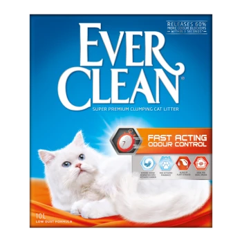 Ever Clean Super Premium Katzenstreu-Packung mit einer weißen Katze, die "Schnelle Geruchskontrolle" und "10L Niedrigstaub-Formel" zeigt.