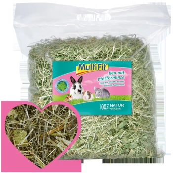Foin MultiFit à la menthe poivrée pour petits animaux, avec une étiquette colorée comportant des images d'un lapin, d'un cochon d'Inde et d'un hamster.