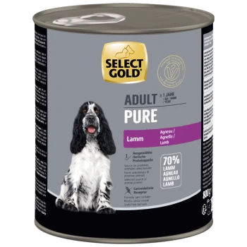 Select Gold Adult Pure Lamm Nassfutterdose für Hunde, 800g, getreidefreie Formel mit 70 % Lammprotein, Bild eines schwarz-weißen Hundes.