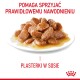 Mokra karma dla zwierząt w sosie na białym talerzu, z polskim tekstem mówiącym 'Pomaga utrzymać odpowiednie nawodnienie' oraz 'Kawałki w sosie.'