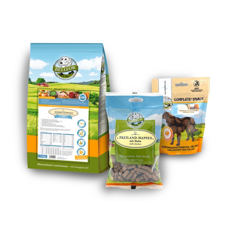 Bellfor Welpenfutter Set für große Rassen - Wiesen-Schmaus Junior 4 kg + Freiland-Happen 200g + Gelenke &amp; Knochen Complete-Snack 150g