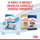 Obrazek karmy dla psów Royal Canin: "Puppy" dla psów w wieku 2-15 miesięcy i "Adult" dla większych ras, z informacją o przejściu po 15 miesiącach.