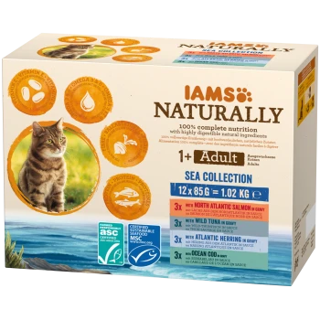 IAMS Naturally Sea Collection Katzenfutter-Box, Foto einer getigerten Katze, '1+ Adult', '12 x 85 g = 1,02 kg' und MSC-/ASC-Logos.