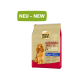Hundefutterbeutel mit der Aufschrift "Select Gold Medium Adult Sensitive" für Hunde mit einem Gewicht von 11-25 kg, mit einem goldenen Cocker Spaniel und dem Text "NEU - NEW."