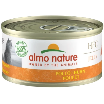 Almo Nature HFC Jelly Katzenfutterdose, mit einer Katzensilhouette, mit dem Text "100% zur Natur" und "Pollo - Huhn - Poulet."