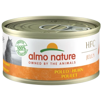 Boîte de nourriture pour chat Almo Nature HFC Jelly, avec une silhouette de chat, avec le texte indiquant "100% to Nature" et "Pollo - Huhn - Poulet."