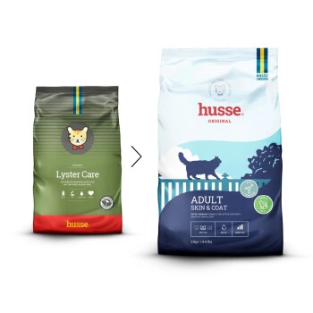 Hundefutterbeutel mit der Aufschrift 'Lyster Care', entworfen für aktive Katzen und solche mit empfindlicher Haut, mit einer verspielten Katzen-Grafik und wichtigen Vorteilen.