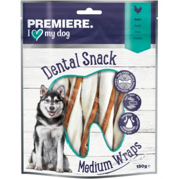 Premiere I Love My Dog Dental Snack Medium Wraps Verpackung mit einem wolfähnlichen Hund, mit einem transparenten Fenster, das die Leckereien im Inneren zeigt.