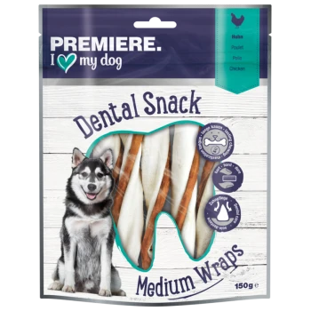 Premiere I Love My Dog Dental Snack Medium Wraps Verpackung mit einem wolfähnlichen Hund, mit einem transparenten Fenster, das die Leckereien im Inneren zeigt.