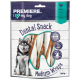 Premiere I Love My Dog Dental Snack Medium Wraps Verpackung mit einem wolfähnlichen Hund, mit einem transparenten Fenster, das die Leckereien im Inneren zeigt.