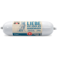 Emballage cylindrique de nourriture pour chien étiqueté "natura DOG" avec une illustration de chien bleu et le texte : "LIEBE GEHT DURCH DEN HUNDMAGEN," "Terrine de bœuf avec riz."