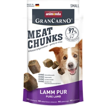 Meat Chunks Agneau 8x60 g Animonda GranCarno Meat Chunks pour chiens, mettant en avant un chien souriant et des étiquettes pour "97% mono-protéine" et "pur agneau," sans céréales ni additifs.