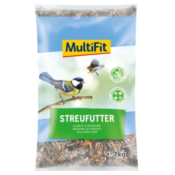 Un sac de nourriture pour oiseaux sauvages MultiFit avec une mésange bleue et un rouge-gorge sur une branche, étiqueté "STREUFUTTER" avec un poids de 1 kg.